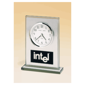 7 1/4" x 4 7/8" Glass Clock, Brushed Aluminum Panel, White Dial and Black Aluminum Plate