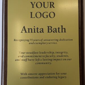 Wooden plaque with an engraved metal plate